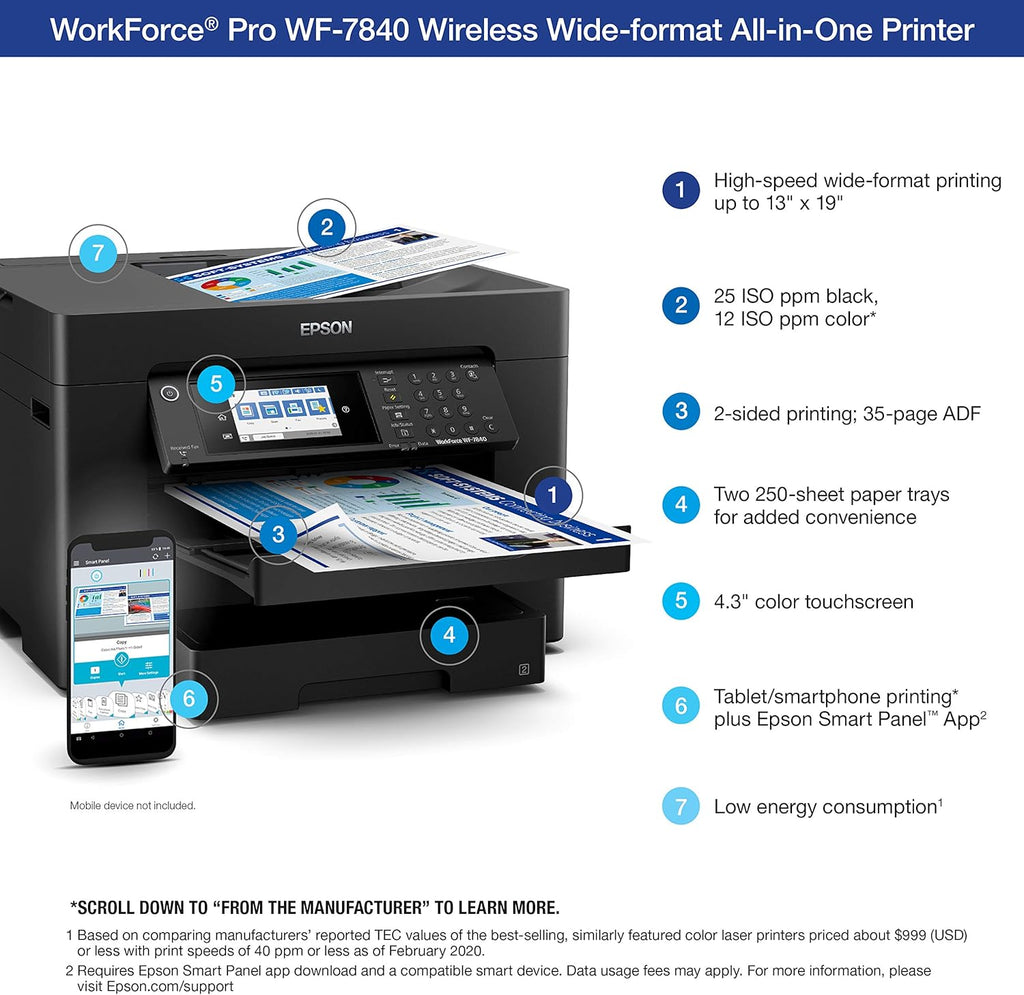 Epson Workforce Pro WF-7840 Wireless All-in-One Wide-Format Printer with Auto 2-Sided Print up to 13" x 19", Copy, Scan and Fax, 50-Page ADF, 500-sheet Paper Capacity, 4.3" Screen