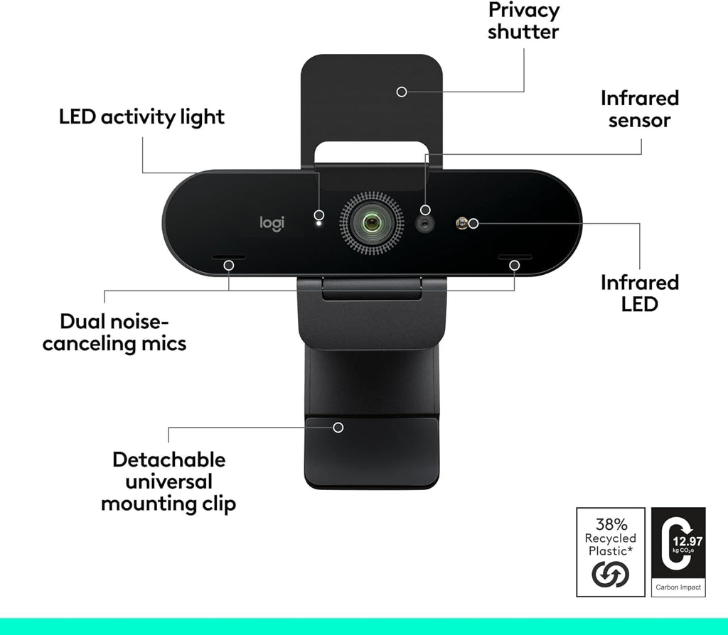 Logitech Brio 4K Webcam, Video Calling, Noise-Cancelling mic, HD Auto Light Correction, Wide Field of View, Windows Hello Works with Microsoft Teams, Zoom, Google Meet, PC/Mac/Laptop/MacBook/Tablet