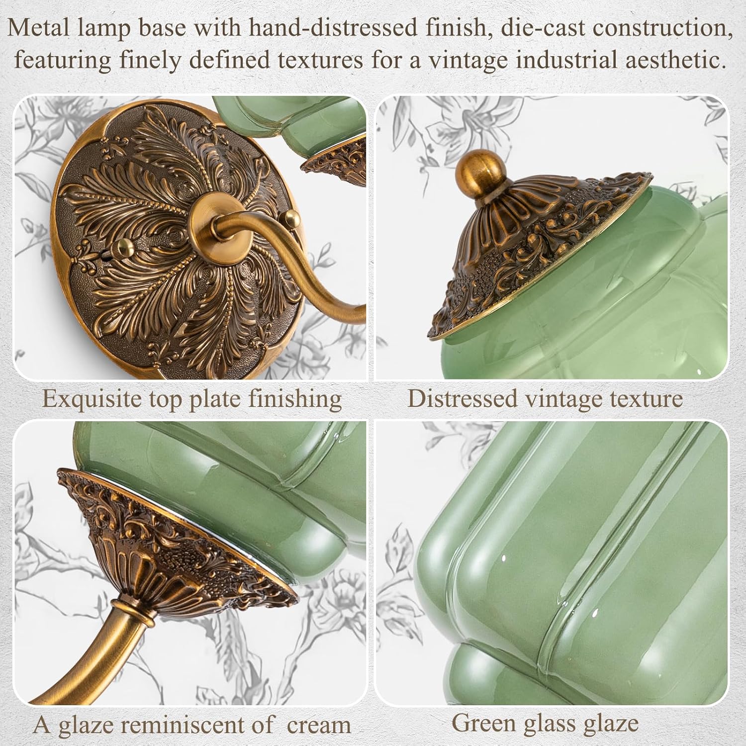Vintage Gold Milk Glass Wall Sconce, Wall Light Set of Two - Vintage Green Shade & Brass Finish Base, Indoor Hardwired Wall Lighting Fixture for Foyers, Bedroom, etc (Bulbs Included)- Green