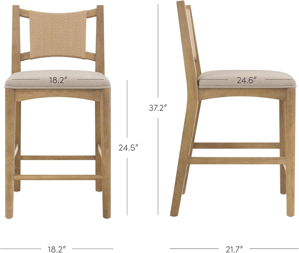 Nathan James Elodia Boho Counter Height Bar Stool with Back, Woven Seagrass Backrest and Solid Wood Frame, Light Brown