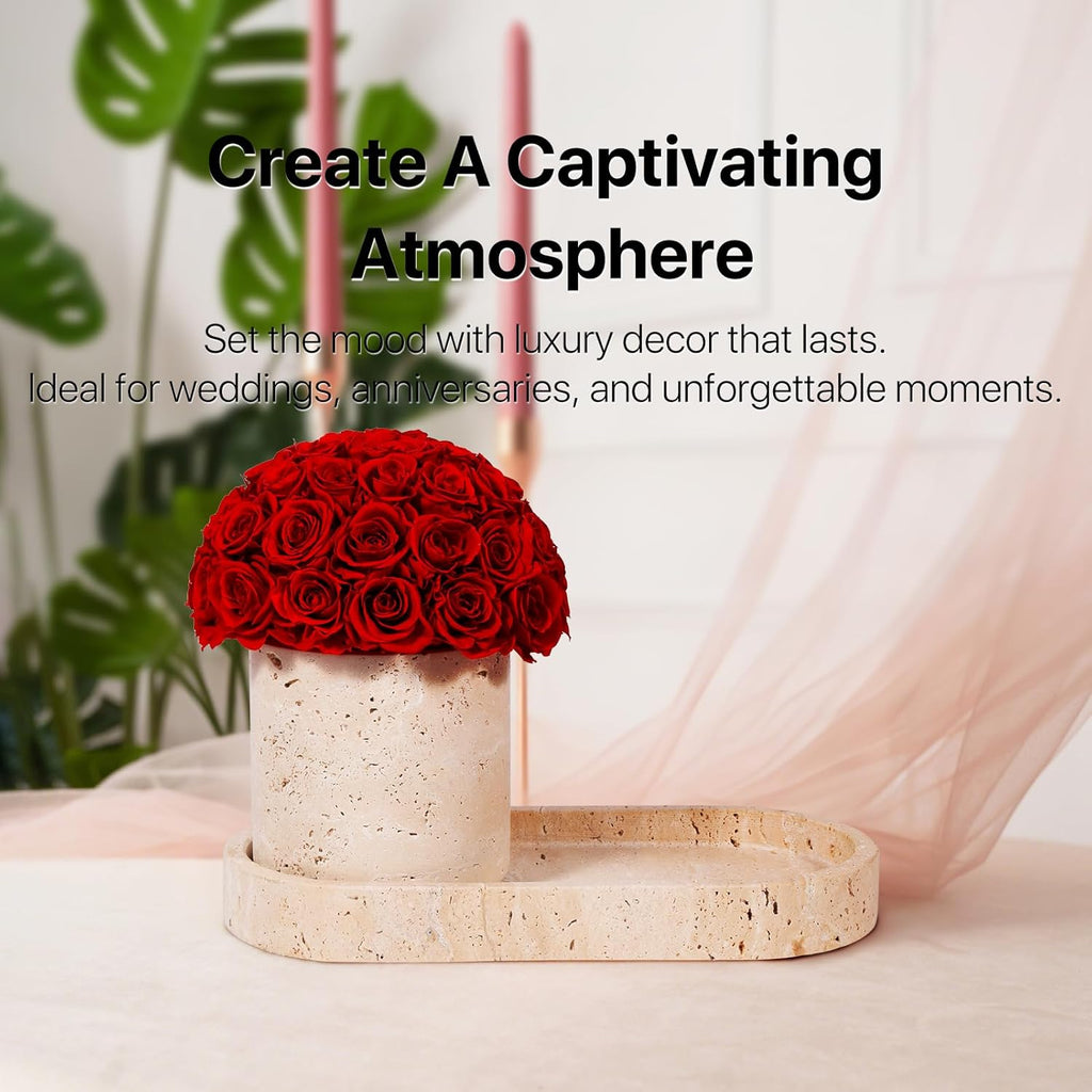 JoyFlower Preserved Flowers Vase, Yellow Travertine Flower Vases & Travertine Tray, Eternal Flower Decorations for Table Party Home Living Room Bedroom Coffee Shop, Decorative Flower Vase Decor(Red)