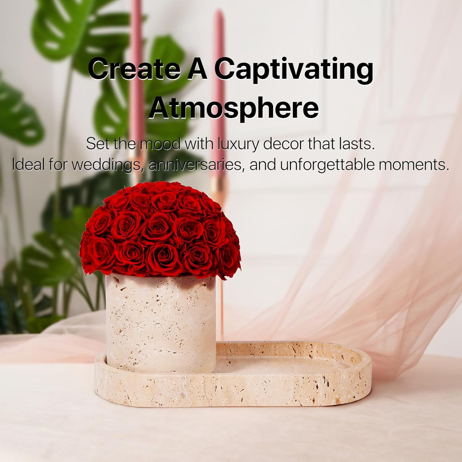 JoyFlower Preserved Flowers Vase, Yellow Travertine Flower Vases & Travertine Tray, Eternal Flower Decorations for Table Party Home Living Room Bedroom Coffee Shop, Decorative Flower Vase Decor(Red)