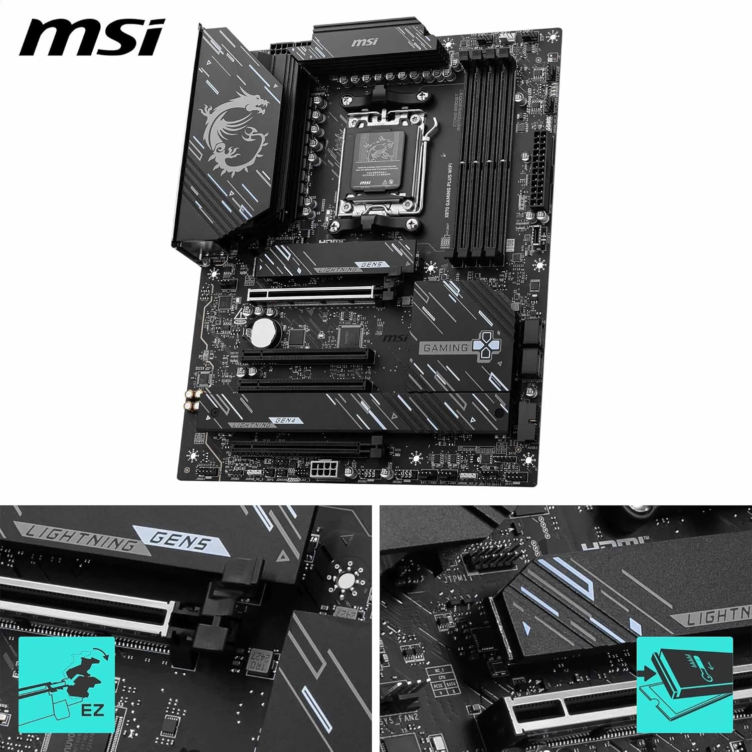 MSI X870 Gaming Plus WiFi Motherboard, ATX - Supports AMD Ryzen 9000/8000 / 7000 Processors, AM5-60A SPS VRM, DDR5 Memory Boost 8200+ MT/s (OC), PCIe 5.0 x16 & 4.0 x16, M.2 Gen5, Wi-Fi 7, 5G LAN