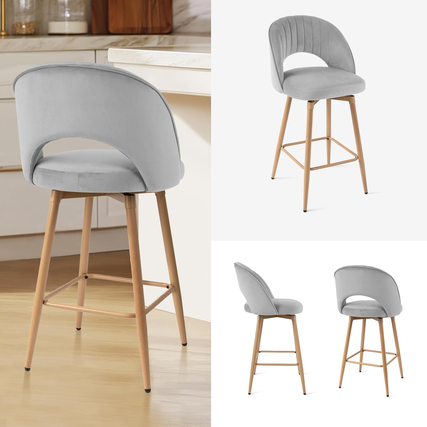 Swivel Bar Stools Set of 3, Counter Height Barstools for Kitchen Island, 26" Seat Height Bar Chairs for Dining Room, Velvet Upholstered Bar Stool with Back and Footrest, Gray