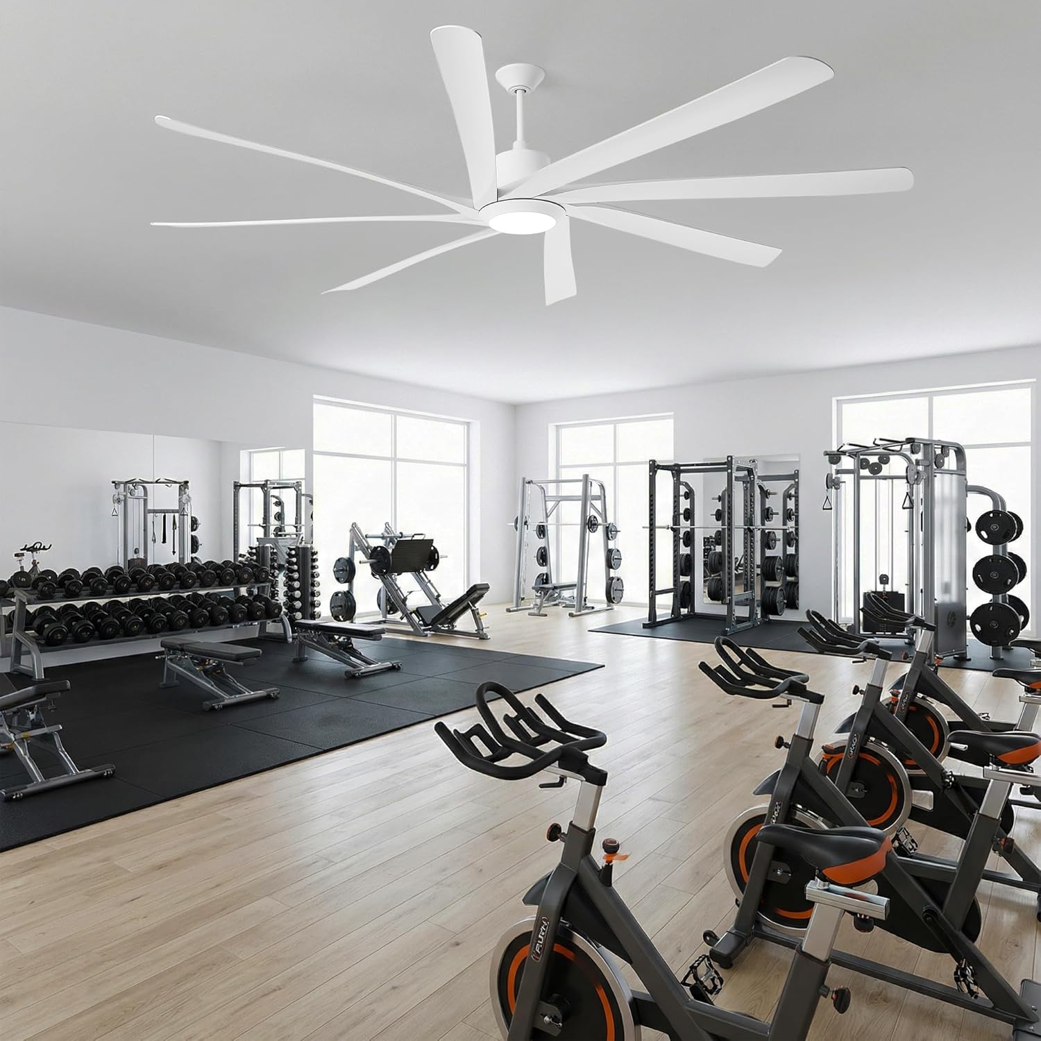 100 Inch Ceiling Fans with Lights and Remote, Large Industrial Ceiling Fan with High Airflow DC Motor, 8 ABS Blades Reversible Quiet Commencial Fan for Shop, Garage, Living Room, Warehouse, White