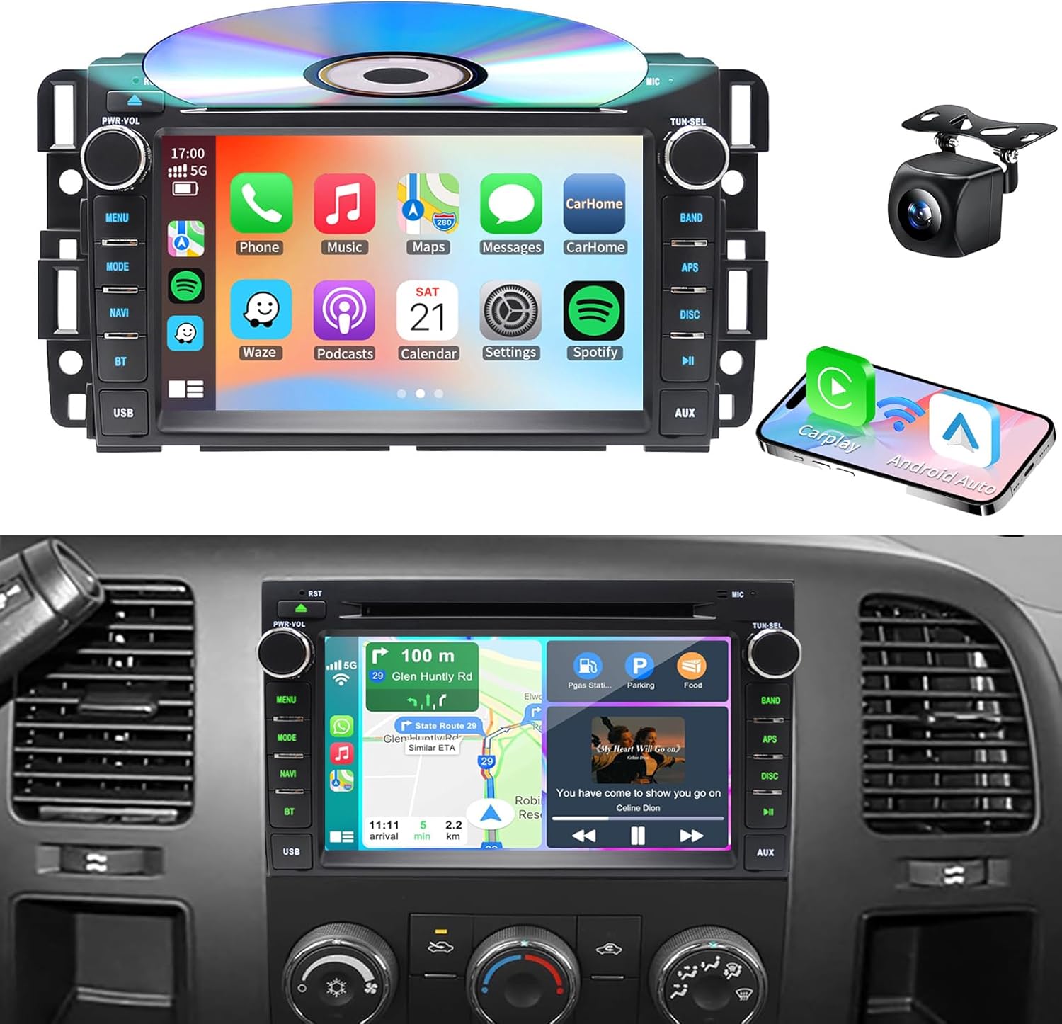 Car Radio Stereo CD DVD Player for Chevrolet Impala Traverse Avalanche GMC Sierra Acadia Yukon Chevy Silverado Tahoe Suburban 2007-2013 with Wireless Carplay Android Auto Navi Backup Cam/SWC