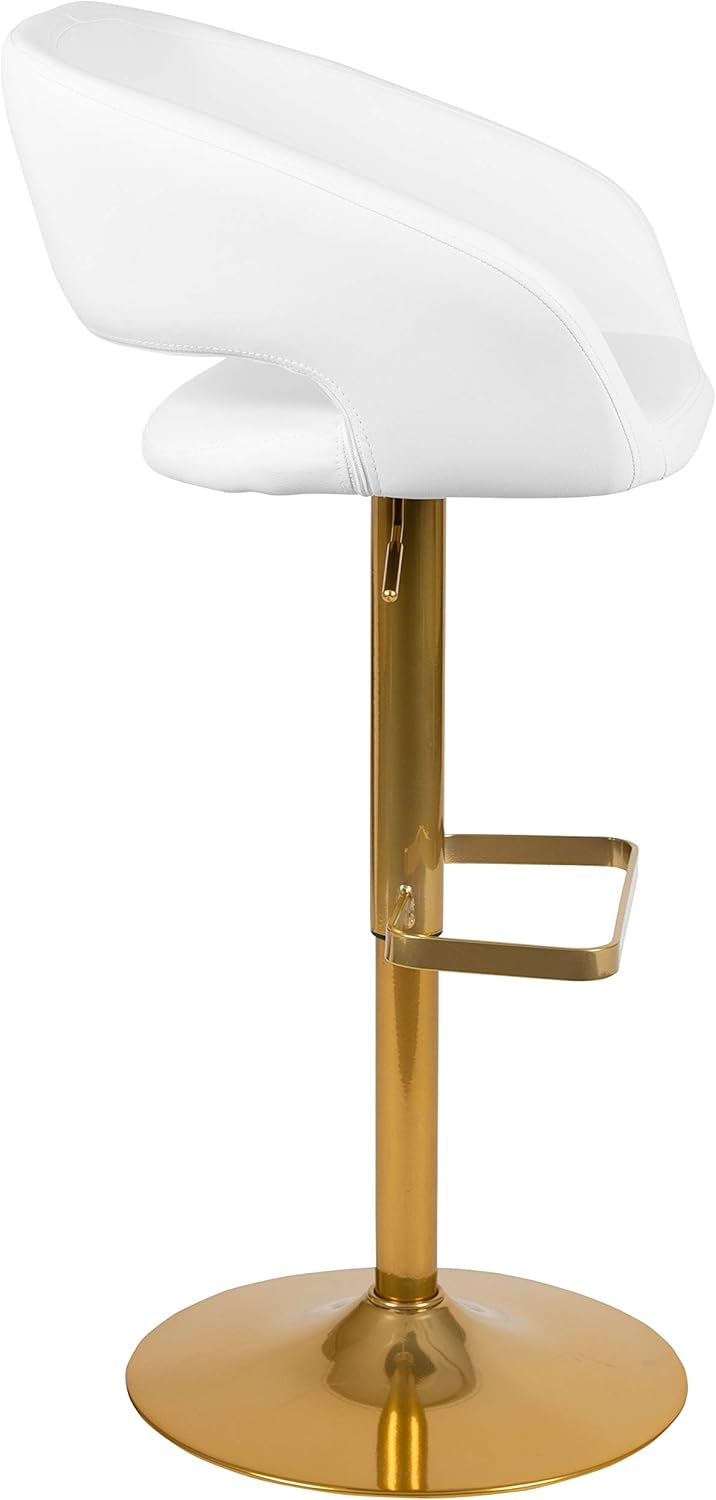 Flash Furniture Erik Contemporary Adjustable Height Barstool with Footrest and Rounded Mid-Back, Upholstered Bar or Counter Height Stool, White/Gold