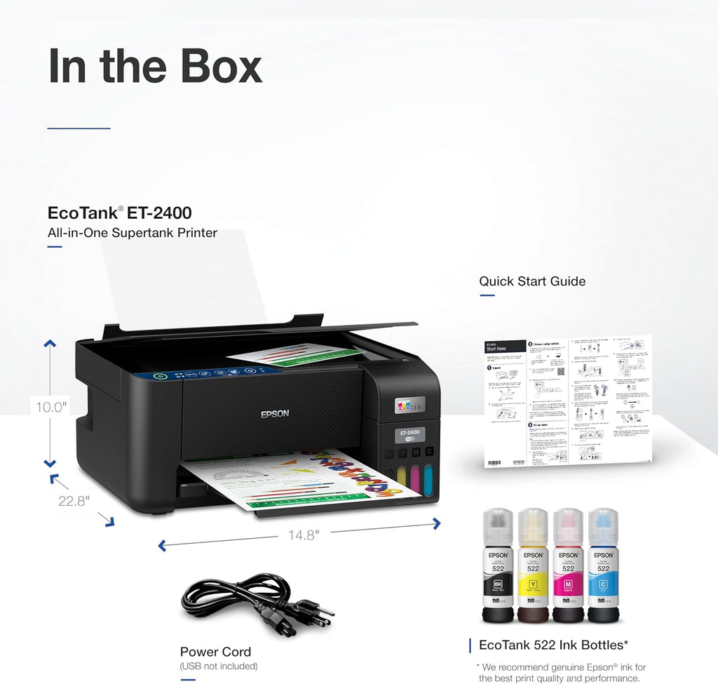 Epson® EcoTank ET-2400 Wireless Inkjet All-In-One Cartridge-Free Supertank Color Printer