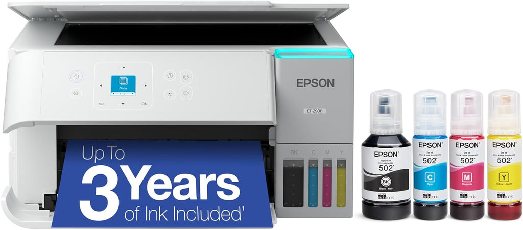 Epson EcoTank ET-2980 Wireless All-in-One Color Supertank Printer with up to 3 Years of Ink, Refillable Tanks, Perfect for Home, 15 PPM, 1.44" Color Screen, Auto 2-Sided Printing – White (Renewed)