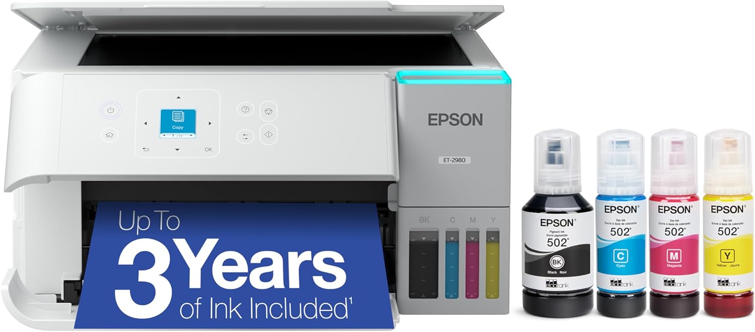 Epson EcoTank ET-2980 Wireless All-in-One Color Supertank Printer with up to 3 Years of Ink, Refillable Tanks, Perfect for Home, 15 PPM, 1.44" Color Screen, Auto 2-Sided Printing – White (Renewed)