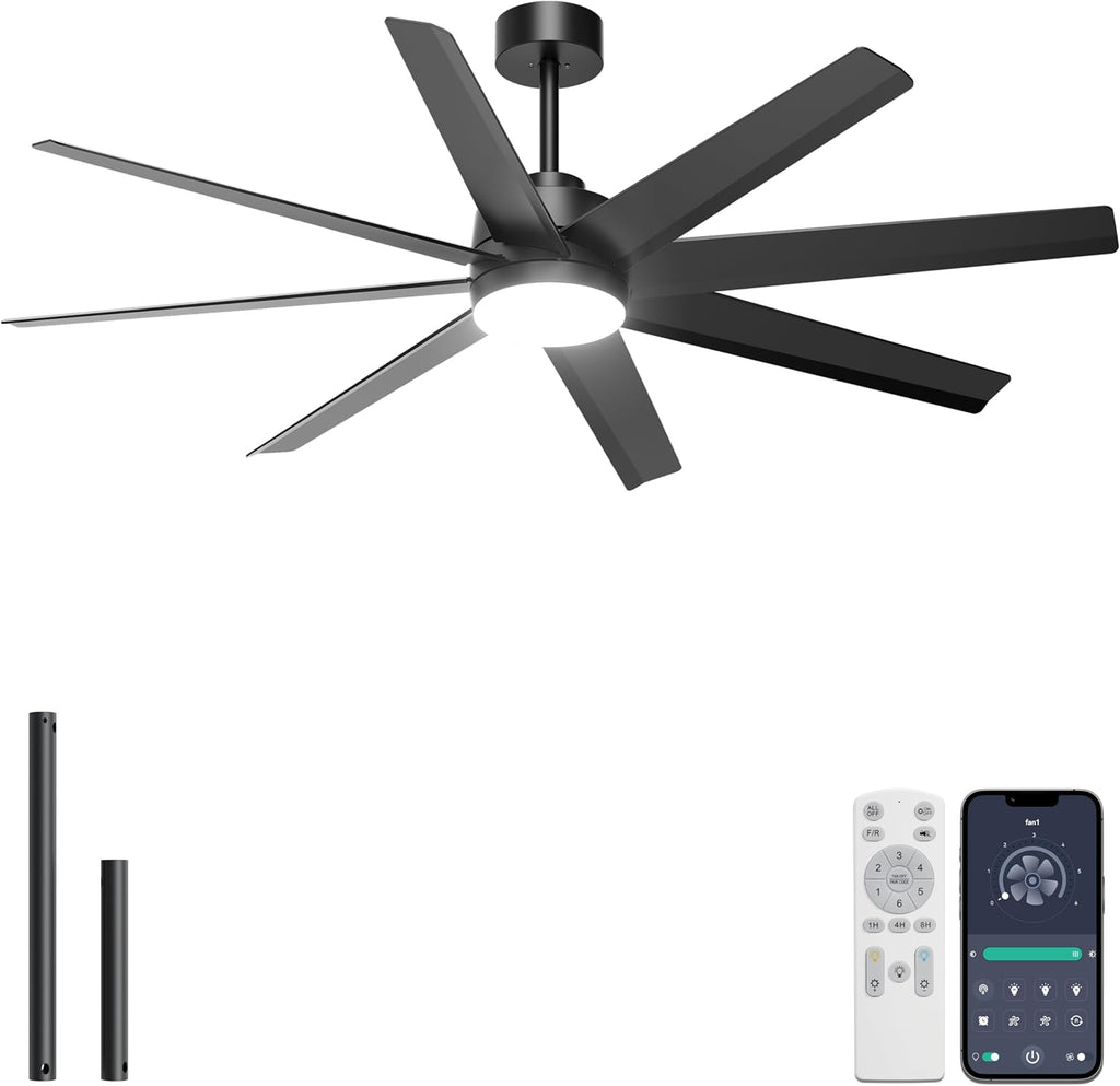 Ohniyou 60'' Ceiling Fan with Light - Modern Black 8 Blades Ceiling Fan Remote/APP Control, Dimmable, DC Motor Outdoor Fan for Covered Patio, Living Room, Shop, Garage