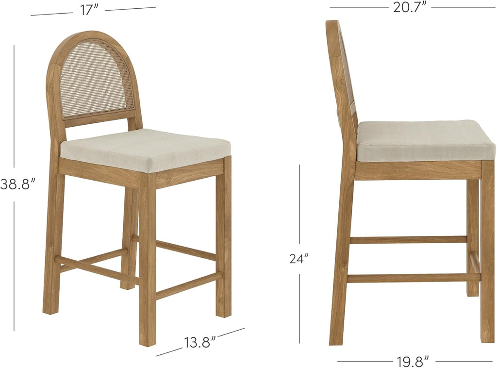 Nathan James Bailey Boucle Upholstered Rattan Bar Stool, Counter Height Stool with Natural Rattan Woven Back For Kitchen Island, Light Brown, Set of 4