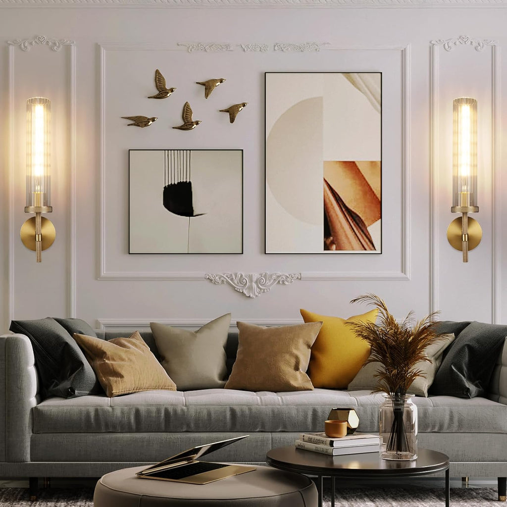 19.5" Knurled Brass Wall Sconces Set of 2, Gold Bathroom Vanity Light Fixtures with Vertical Striped Glass Tube, Modern Lamp Lighting for Bedroom, Living Room, Hallway, Staircase, Mirror, Kitchen