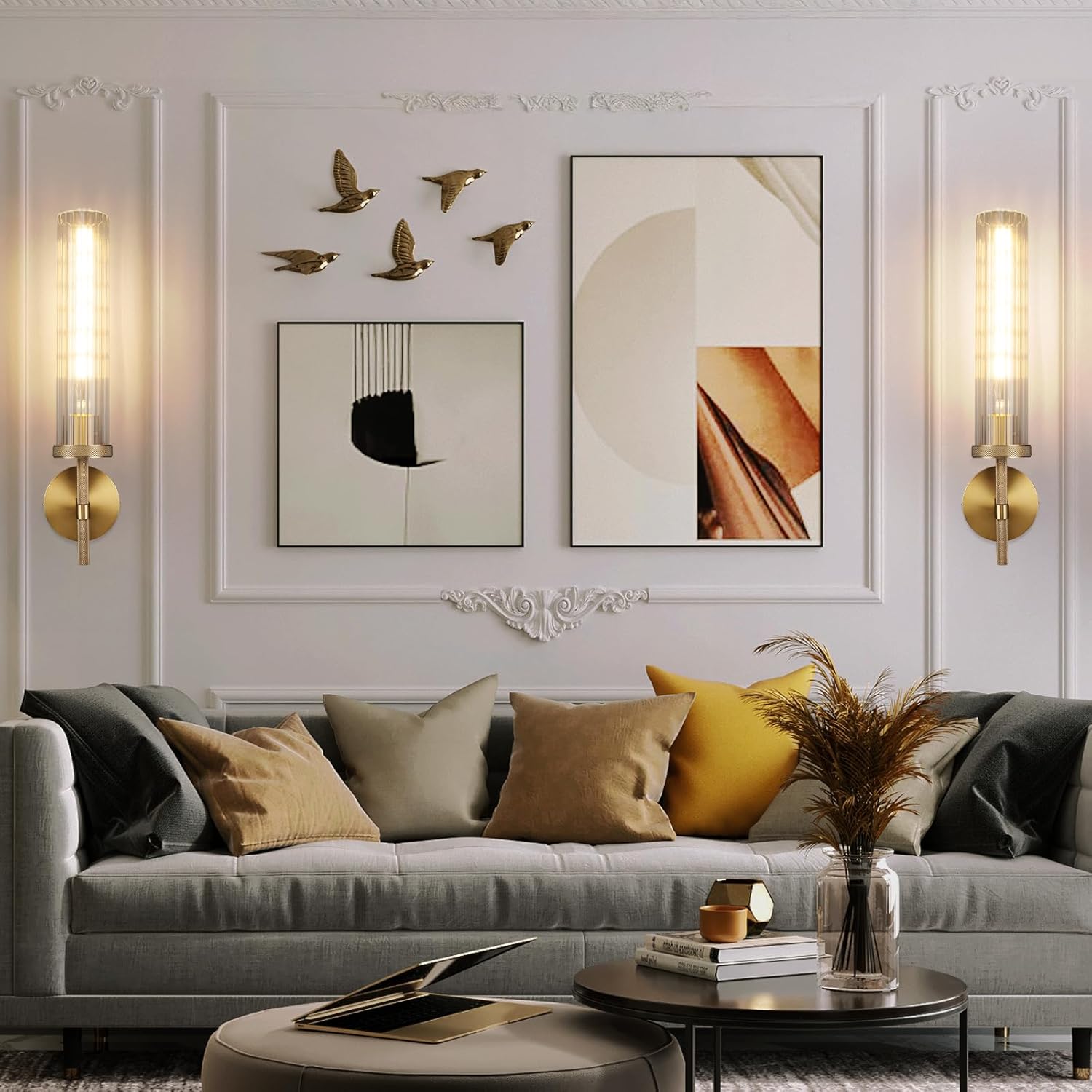19.5" Knurled Brass Wall Sconces Set of 2, Gold Bathroom Vanity Light Fixtures with Vertical Striped Glass Tube, Modern Lamp Lighting for Bedroom, Living Room, Hallway, Staircase, Mirror, Kitchen