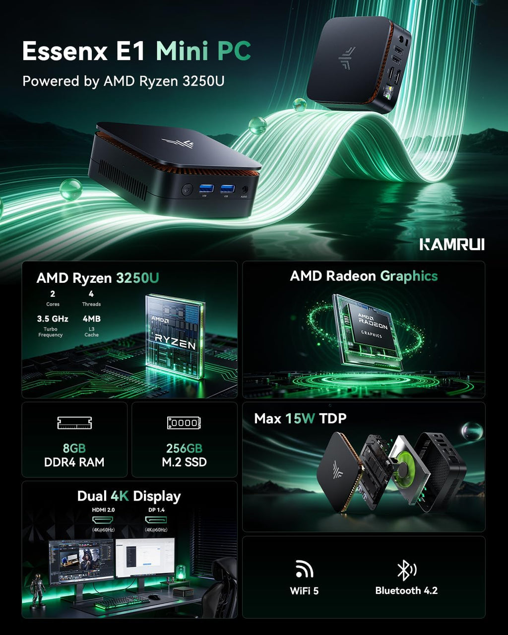 KAMRUI Essenx E1 Mini PC, AMD Ryzen 3250U (up to 3.5GHz), 8GB DDR4 RAM 256GB M.2 SSD, Mini Desktop Computer Support Dual 4K, WiFi, Ethernet for Business, Office, Home