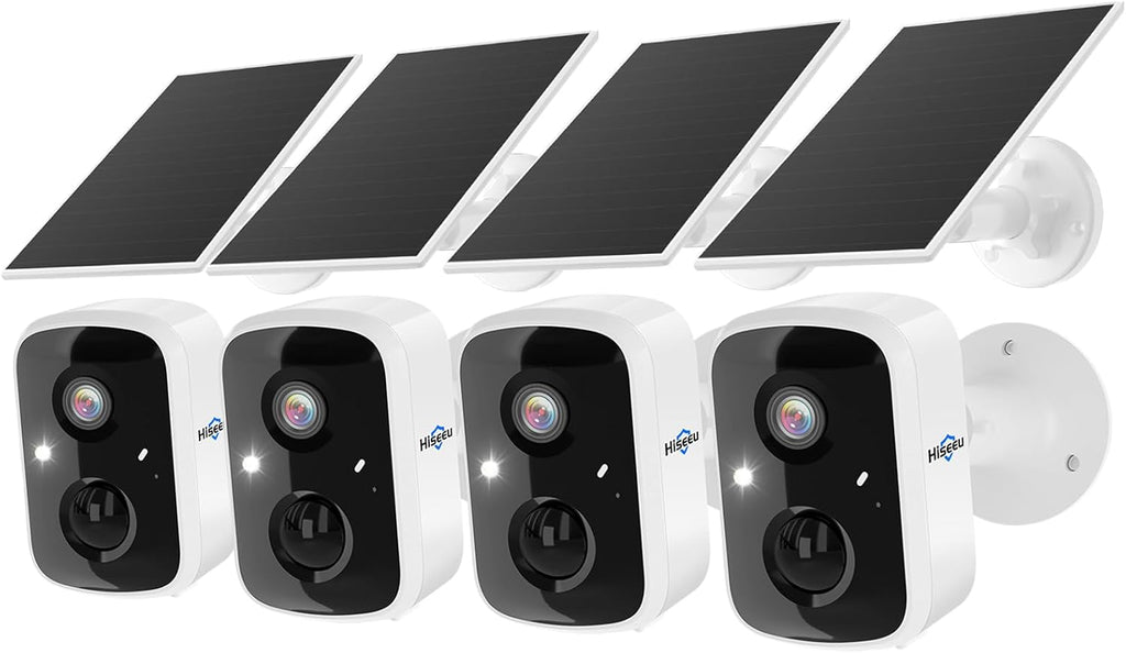 Hiseeu Solar Camera Security Outdoor, 4 Pack 100% Wireless 3K 4MP Surveillance Indoor WiFi Smart Cameras for Home Security Outside, PIR/AI Motion Detection, Waterproof, Color Night Vision, 2-Way Audio