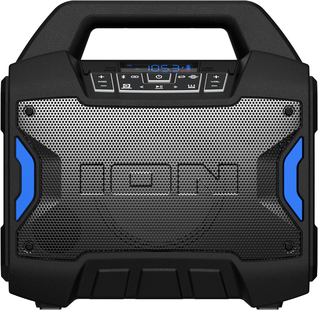 ION Tailgater Boom - Outdoor Portable Bluetooth Speaker with Mic in, FM Radio, USB Port, Battery, IPX5 Water-Resistant, Wireless Stereo-Link, App, 60W