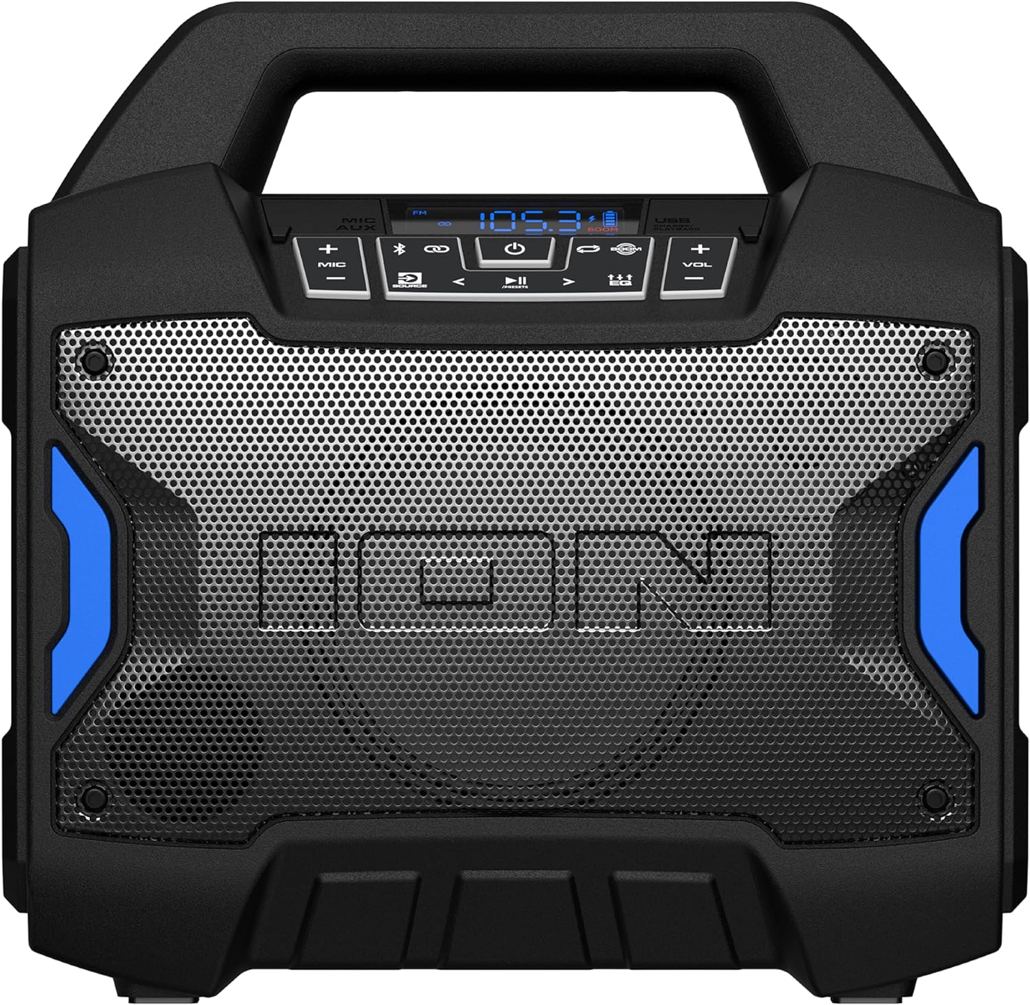 ION Tailgater Boom - Outdoor Portable Bluetooth Speaker with Mic in, FM Radio, USB Port, Battery, IPX5 Water-Resistant, Wireless Stereo-Link, App, 60W