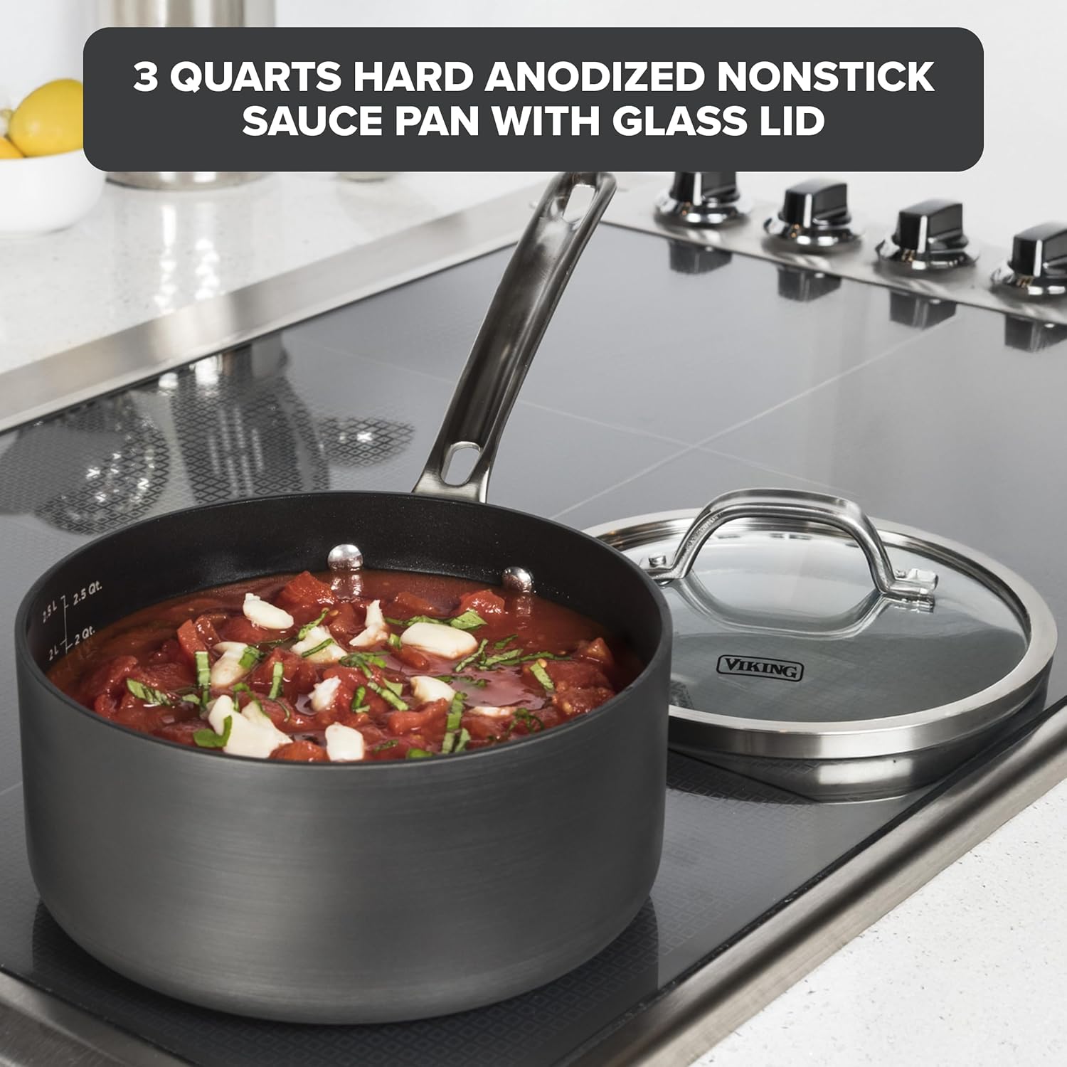 Viking Non Stick Sauce Pan with Glass Lid, 3 Quart Hard Anodized Nonstick Saucepan Cooking Pot, Dishwasher and Oven Safe, Induction Ready, Gray