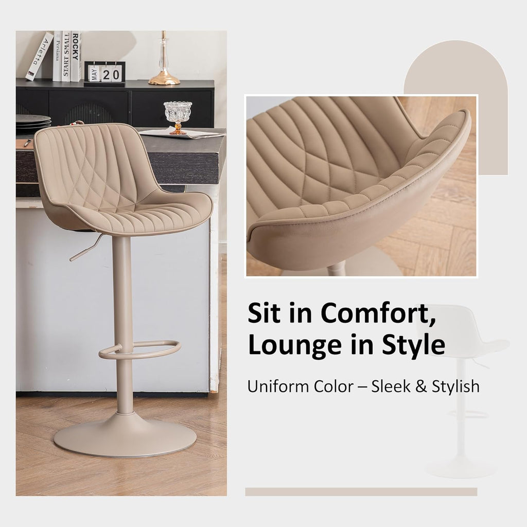 YOUTASTE Bar Stools Set of 2, Adjustable Swivel Counter Height Barstools with Back, All Khaki Faux Leather Upholstered Bar Chairs with Metal Base, Stools for Kitchen Island or Home Bar