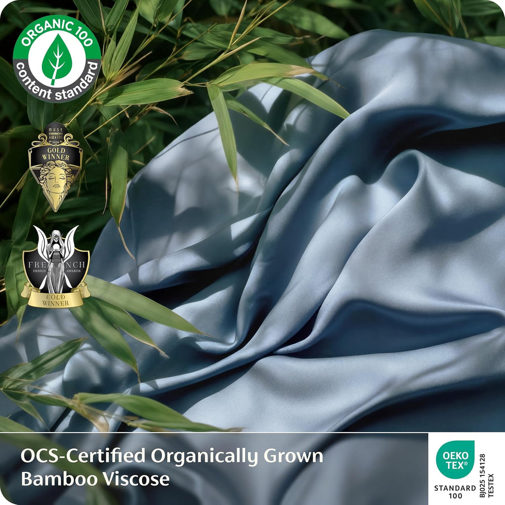 Bedsure 100% Organically Grown Bamboo Viscose Queen Sheet Set | Cooling Bedsheets for Hot Sleepers | Luxury Silky Soft PureWoven | 18" Deep Pocket with Corner Straps | Oeko-Tex Mineral Blue