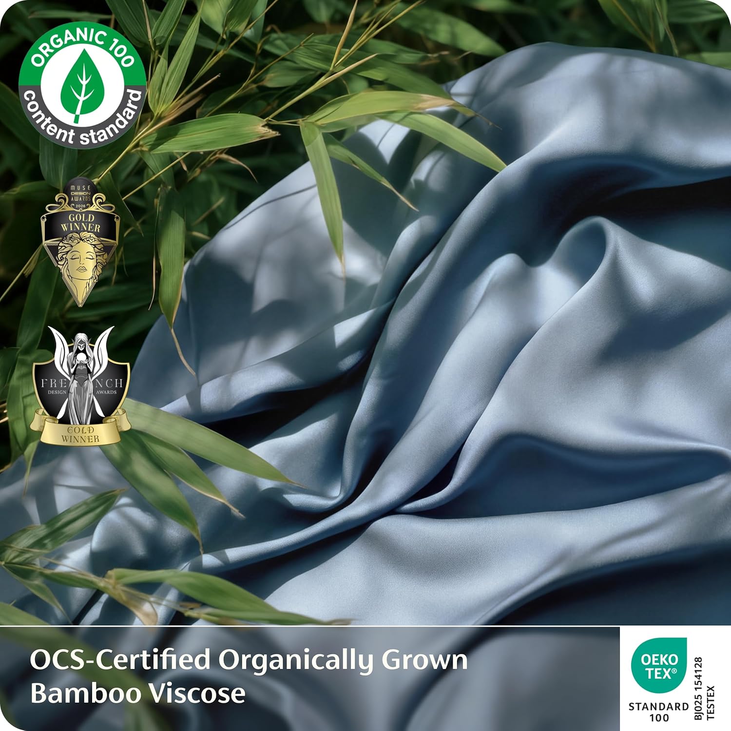 Bedsure 100% Organically Grown Bamboo Viscose Queen Sheet Set | Cooling Bedsheets for Hot Sleepers | Luxury Silky Soft PureWoven | 18" Deep Pocket with Corner Straps | Oeko-Tex Mineral Blue