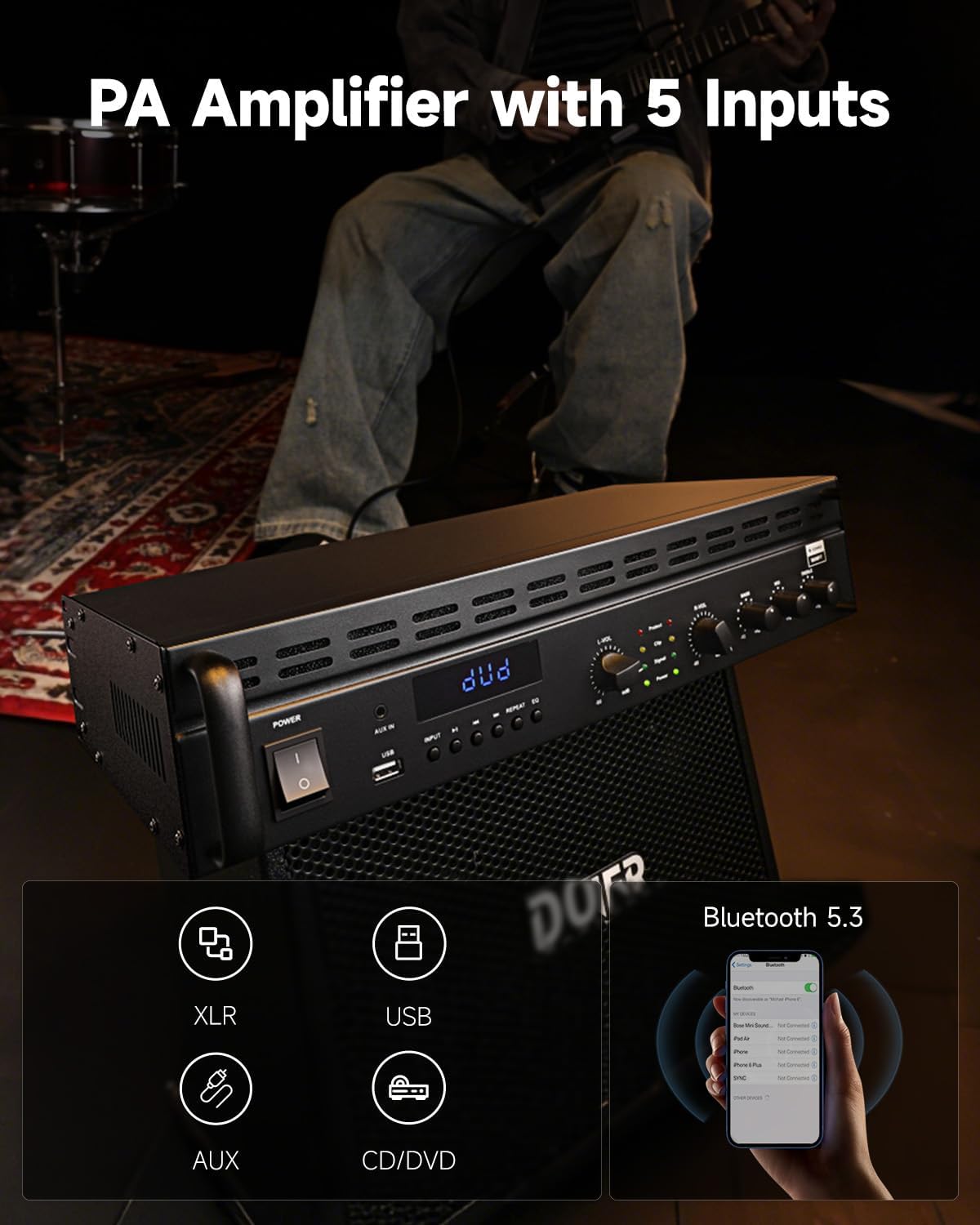 Donner Power Amplifier, 2 Channel Audio Amplifier with Bluetooth 5.3, EQ Controls, 100W RMS and 225W @4Ω Bridgeable, Versatile Inputs, for Home Party, Live Sound, DJs and Garage, MAMP7
