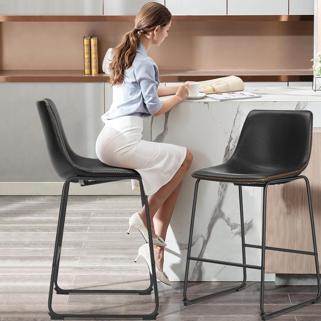 Sweetcrispy Counter Height Bar Stools Set of 4, 30 inch Height Stool Faux Leather Barstools with Back, Armless Kitchen Island Countertop Comfortable Modern Chairs with Metal Legs, Elegant Black