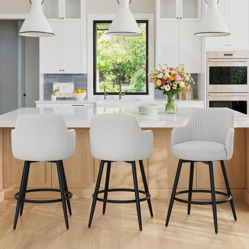 LUE BONA Swivel Bar Stools Set of 3, 26" Counter Height Bar Stools with Ergonomic Semi-Enclosed Back, Fabric Upholstered Barstools with Spring Cushion for Kitchen Island, Light Gray