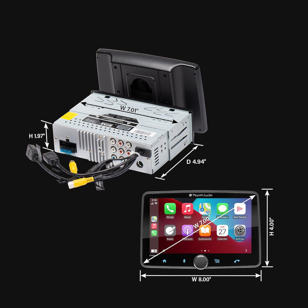 Planet Audio P70CPA-CF Car Stereo - Apple CarPlay, Android Auto, Single Din, 7 Inch Touchscreen, Bluetooth, No CD DVD Player, AM/FM Radio Receiver, Backup Camera