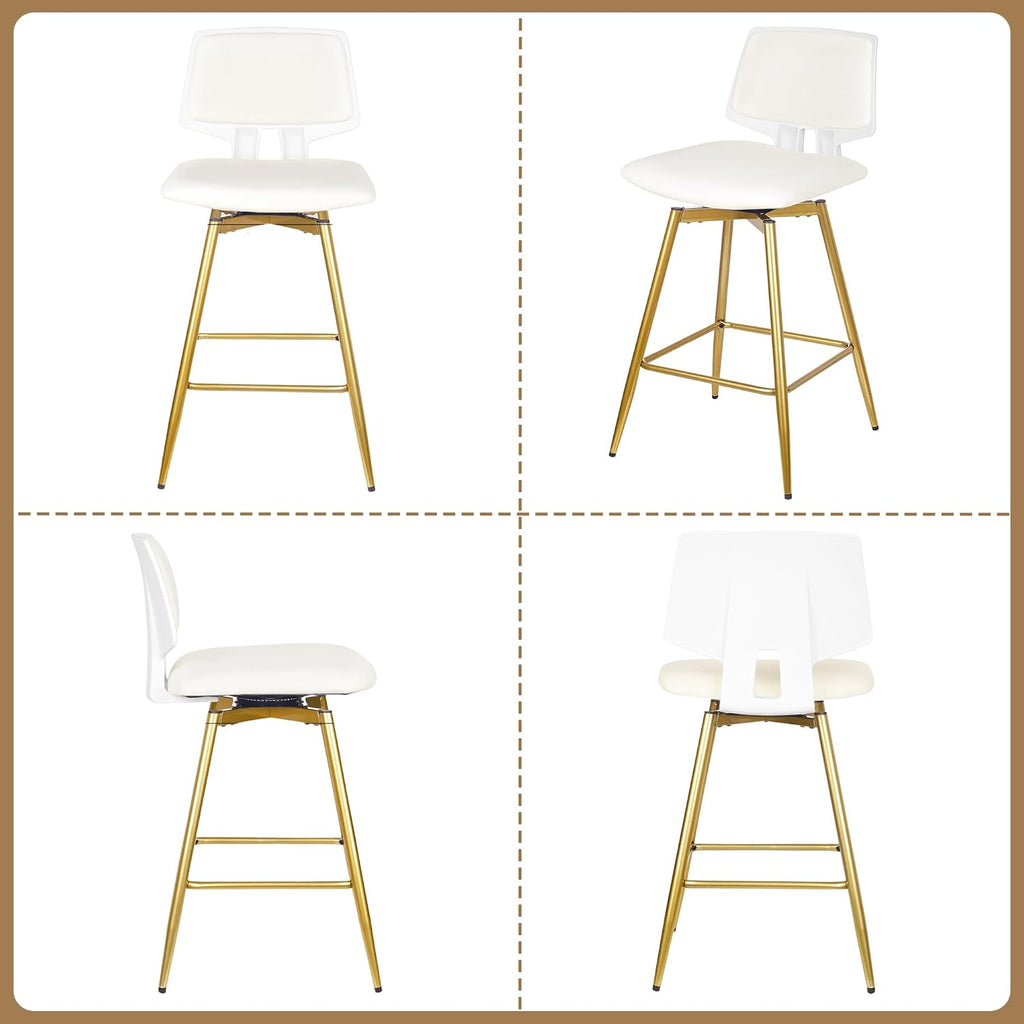 VECELO Swivel Upholstered Bar Stools Set of 4, Counter Height Barstools with Back, Metal Legs, 35.2-Inch Tall Barstools for Kitchen Island, Home Bar, Cafe, White