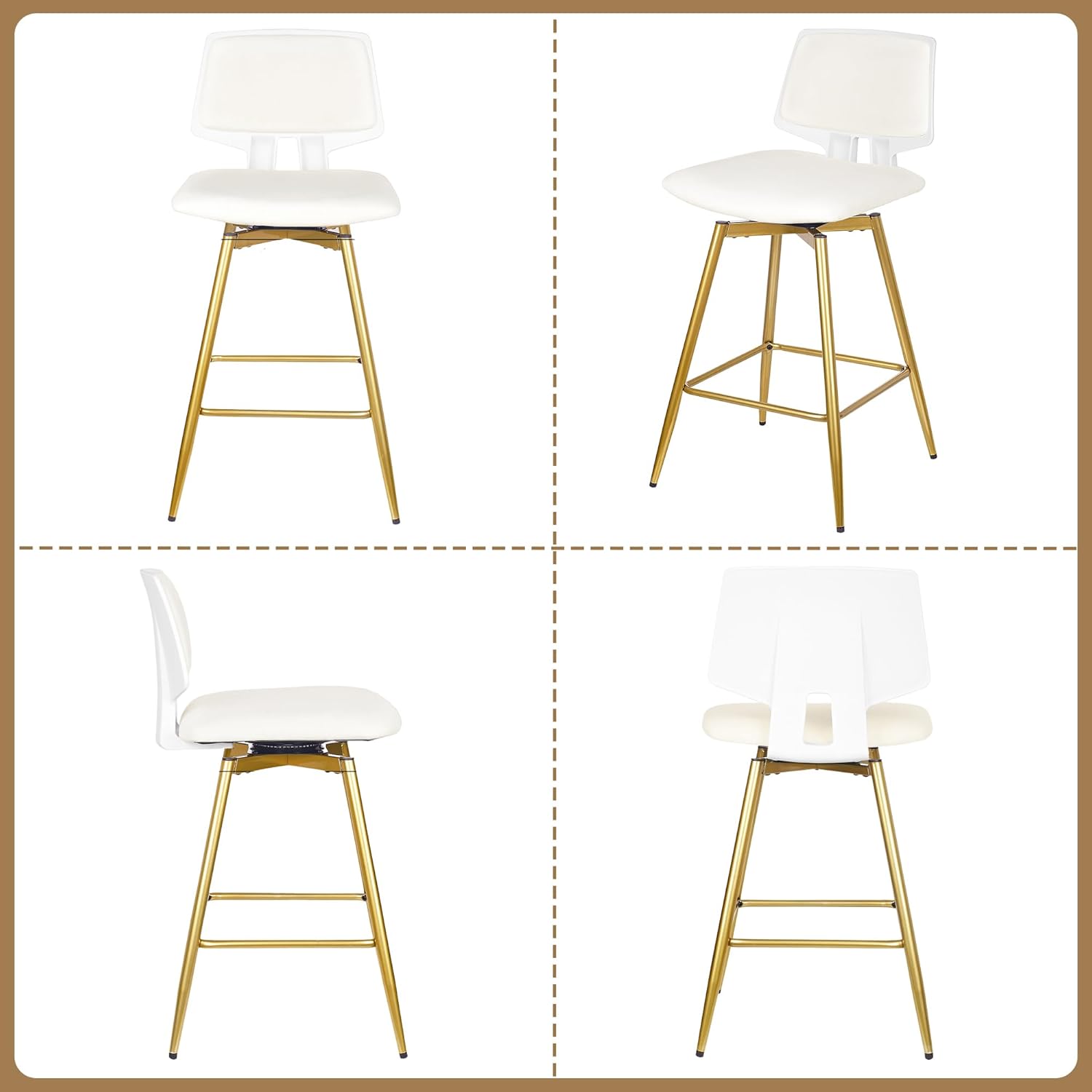 VECELO Swivel Upholstered Bar Stools Set of 4, Counter Height Barstools with Back, Metal Legs, 35.2-Inch Tall Barstools for Kitchen Island, Home Bar, Cafe, White