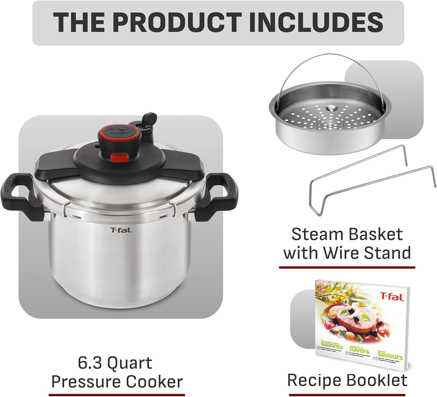 T-fal Clipso Stainless Steel Pressure Cooker, 6.3 Quart, Recipe Book, Steam Basket, Easy-Open Lid, Secure Locking System, Adjustable Pressure Valve, Induction Cookware, Pots and Pans, Kitchen, Silver