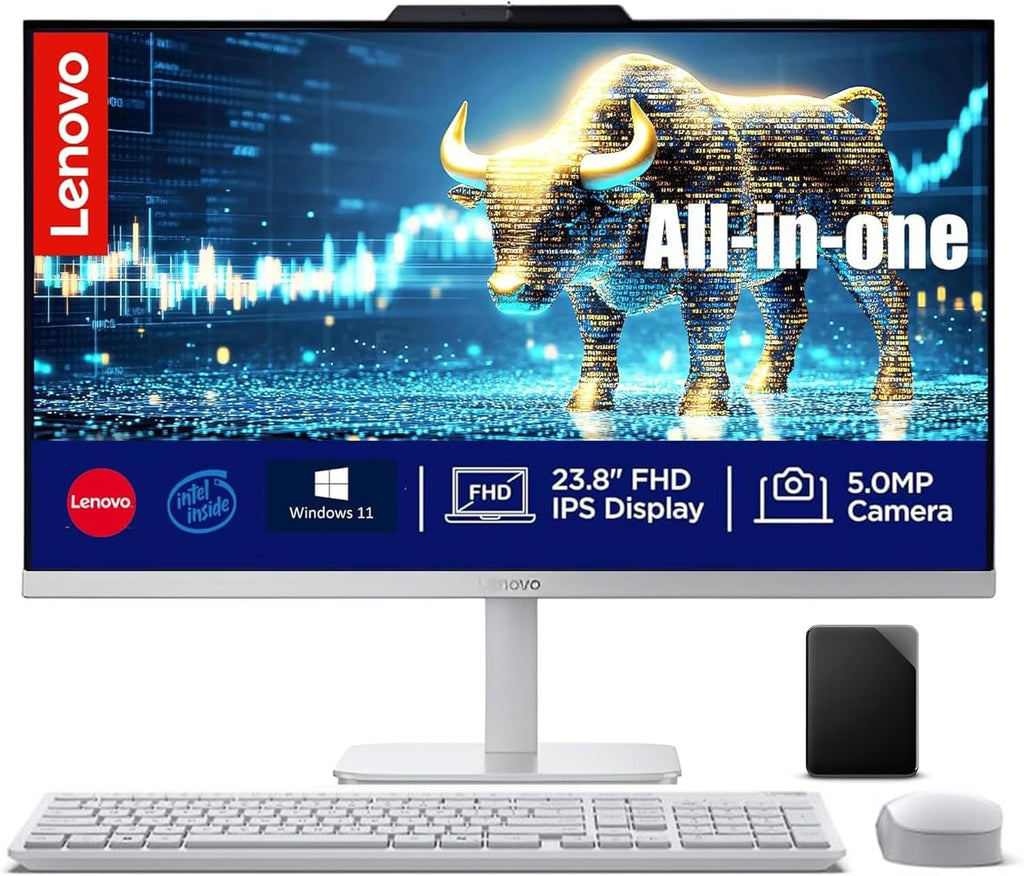Lenovo All in One Desktop, Intel Ultra-Fast 4-Core CPU| 24'' FHD Display| 16GB RAM, 256GB PCIe SSD On Board Plus 512GB HDD External | Wi-Fi 6| Bluetooth| RJ-45| Windows 11 | HDMI | Wireless KB & Mouse