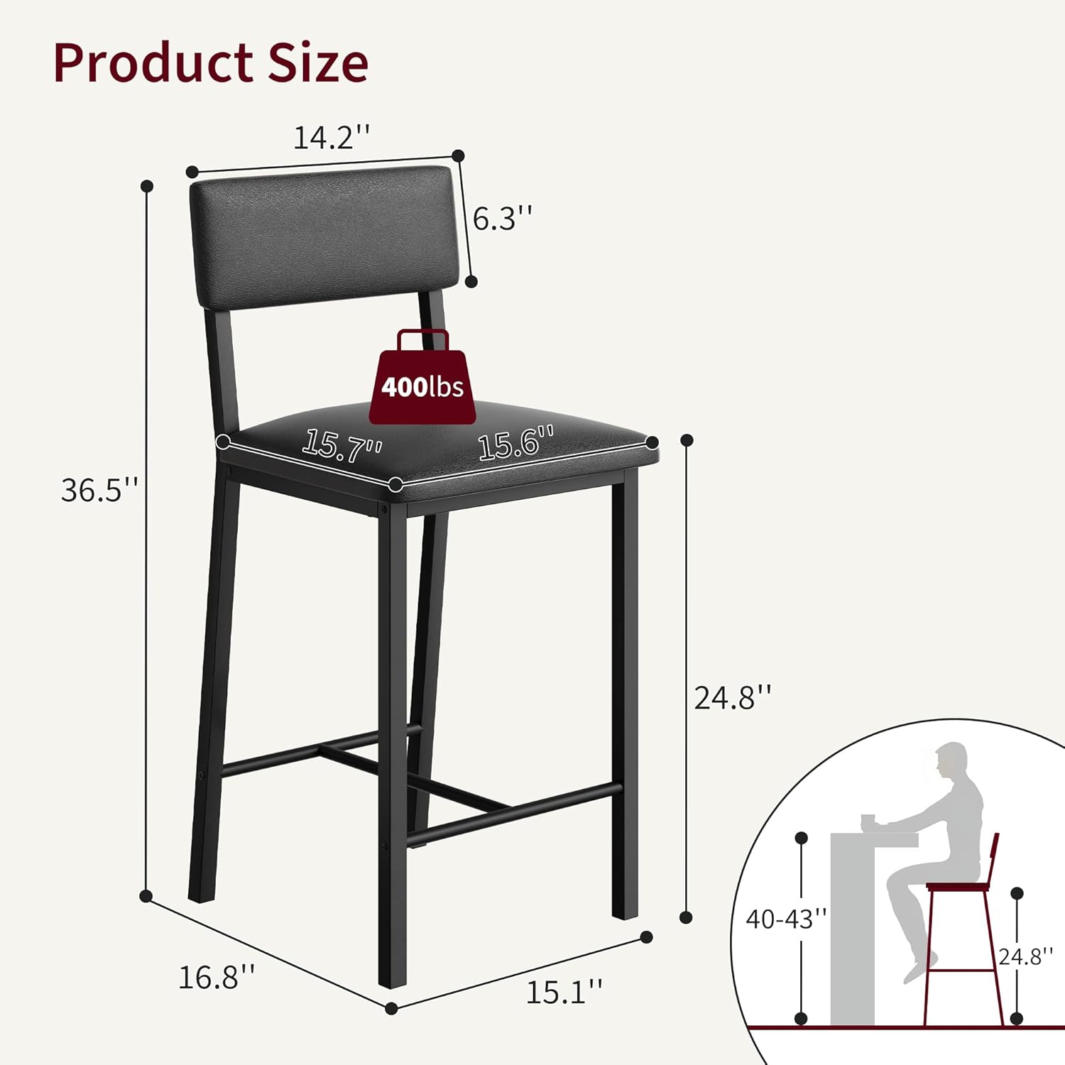 GarveeHome Bar Stools Set of 4 w/Soft Back and Upholstered Seat, 24.8 Inches Counter Height Barstools with Footrest & Thickened Metal Legs, for Kitchen Island, Bar, Black