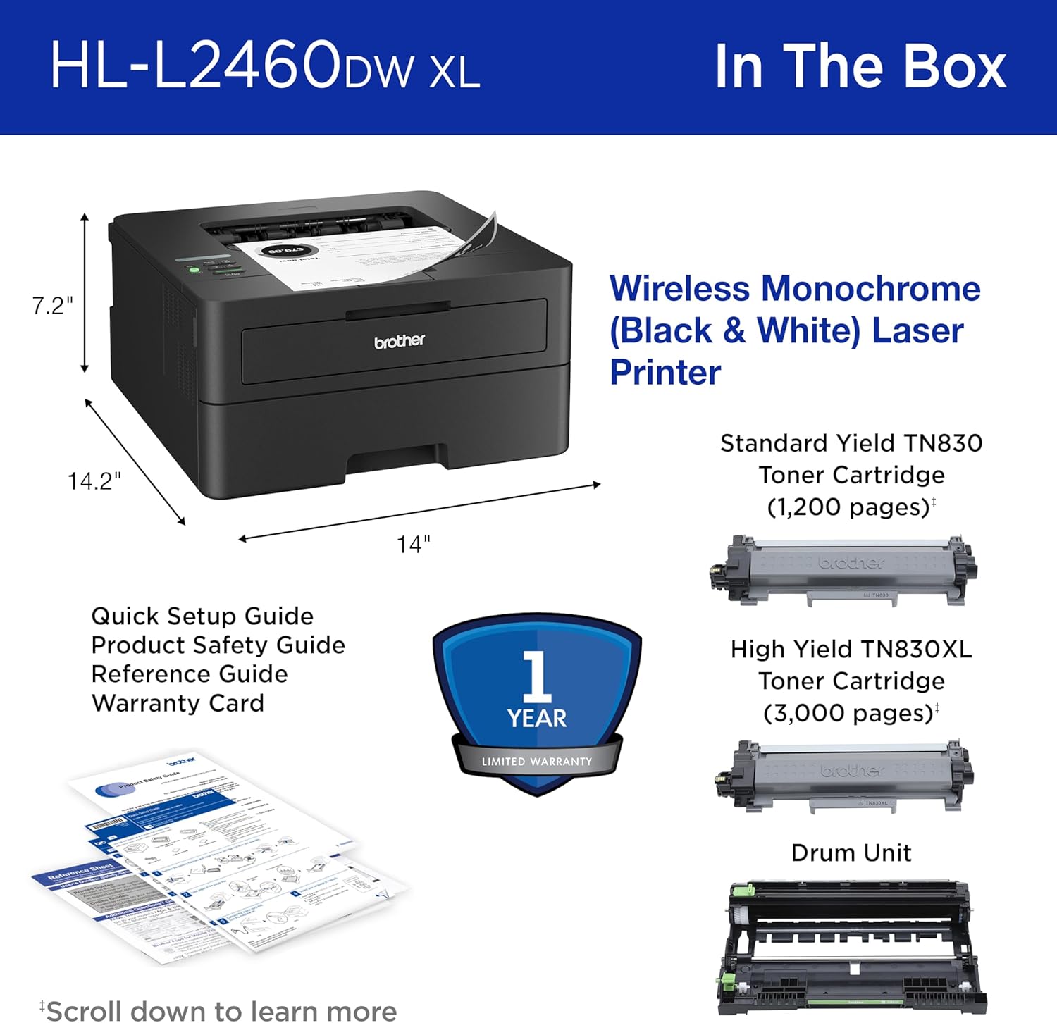 Brother HL-L2460DWW XL Wireless Compact Monochrome Printer with Duplex Copy & Scan, Fax, Black & White | Up to 4,200 Pages of Toner Included(1), Works with Alexa