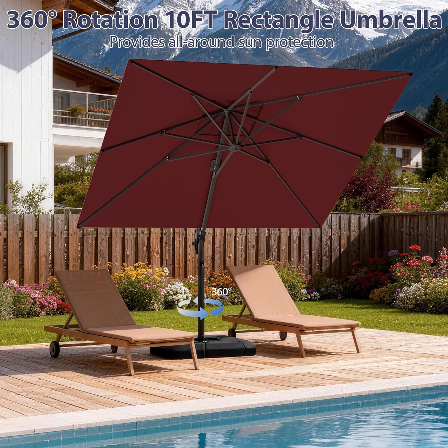 10' X 10' Patio Umbrella Cantilever Outdoor Rectangle Umbrella with Base Included, Heavy Duty 360°Rotation Offset Umbrella for Garden Deck Pool Patio, Red
