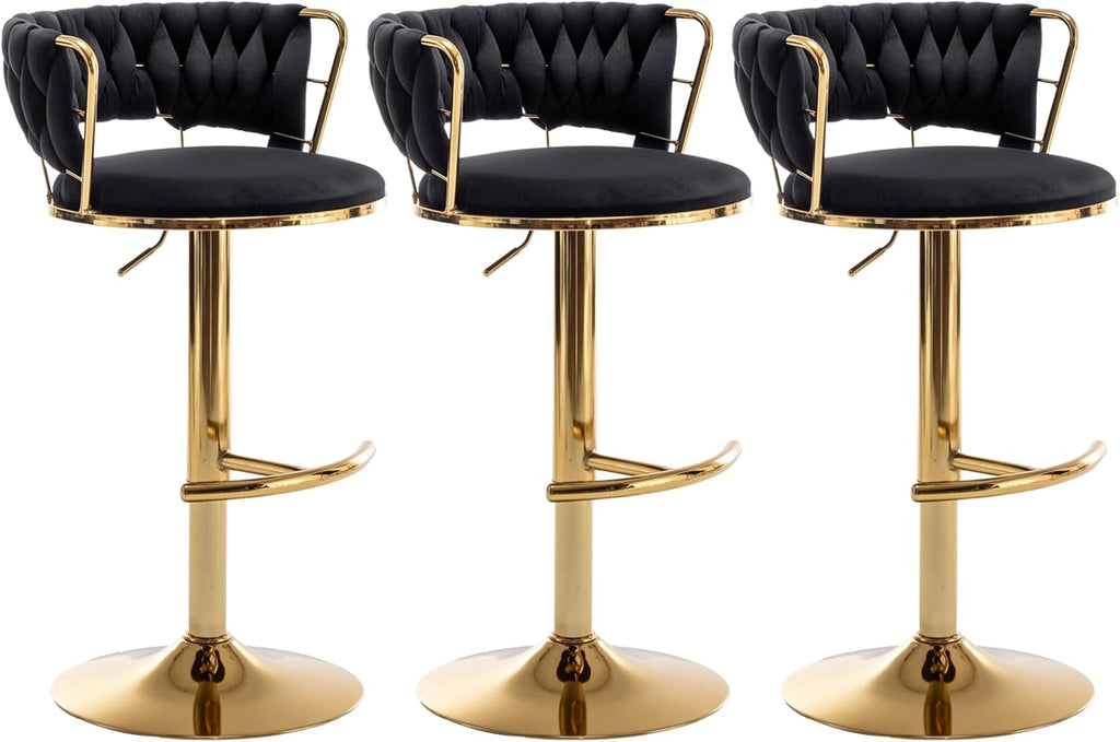 Riknuxi Velvet Bar Stools Set of 3, Counter Height Barstools with Low Back, Gold Swivel Bar Stool for Kitchen Island, Pub (Black)