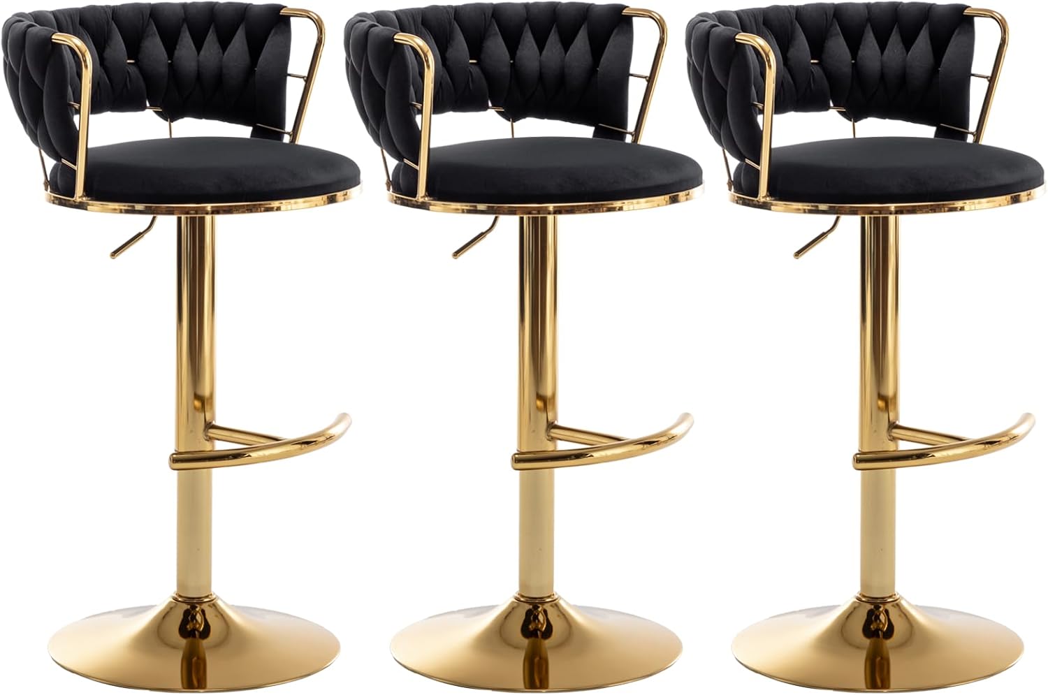 Riknuxi Velvet Bar Stools Set of 3, Counter Height Barstools with Low Back, Gold Swivel Bar Stool for Kitchen Island, Pub (Black)