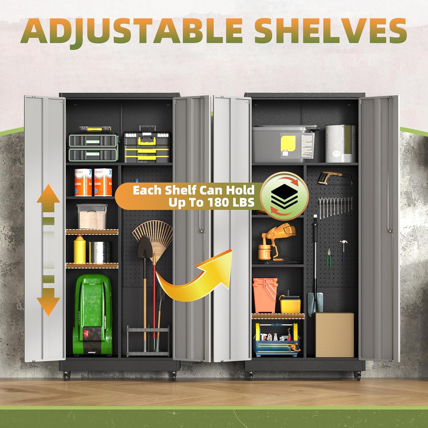 Metal Garage Storage Cabinet with Wheels, Locking Broom Closet Storage Cabinet with Adjustable Shelves, 71" H Tool Cabinet for Utility Room, Workshop, Warehouse