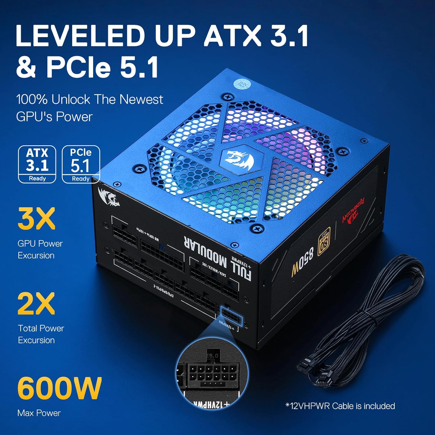 Redragon RGPS-850W 80+ Gold 850 Watt Power Supply w/Upgraded ATX 3.1 & PCIe 5.1 Fully Modular, 12VHPWR Cable Included, 100% Japanese Capacitors, Smart ECO Low Noise RGB Fan, Compact 160mm Size