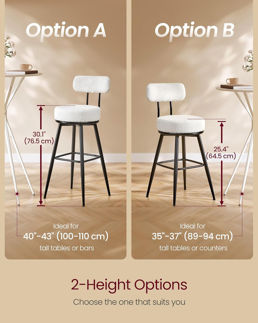 VASAGLE 360° Swivel Bar Stools Set of 2, Bar Height Bar Stools with Back, Boucle Fabric, Contemporary Modern, 30.1 Inch Tall, Kitchen and Home Bar, Cloud White ULBC131W01V1
