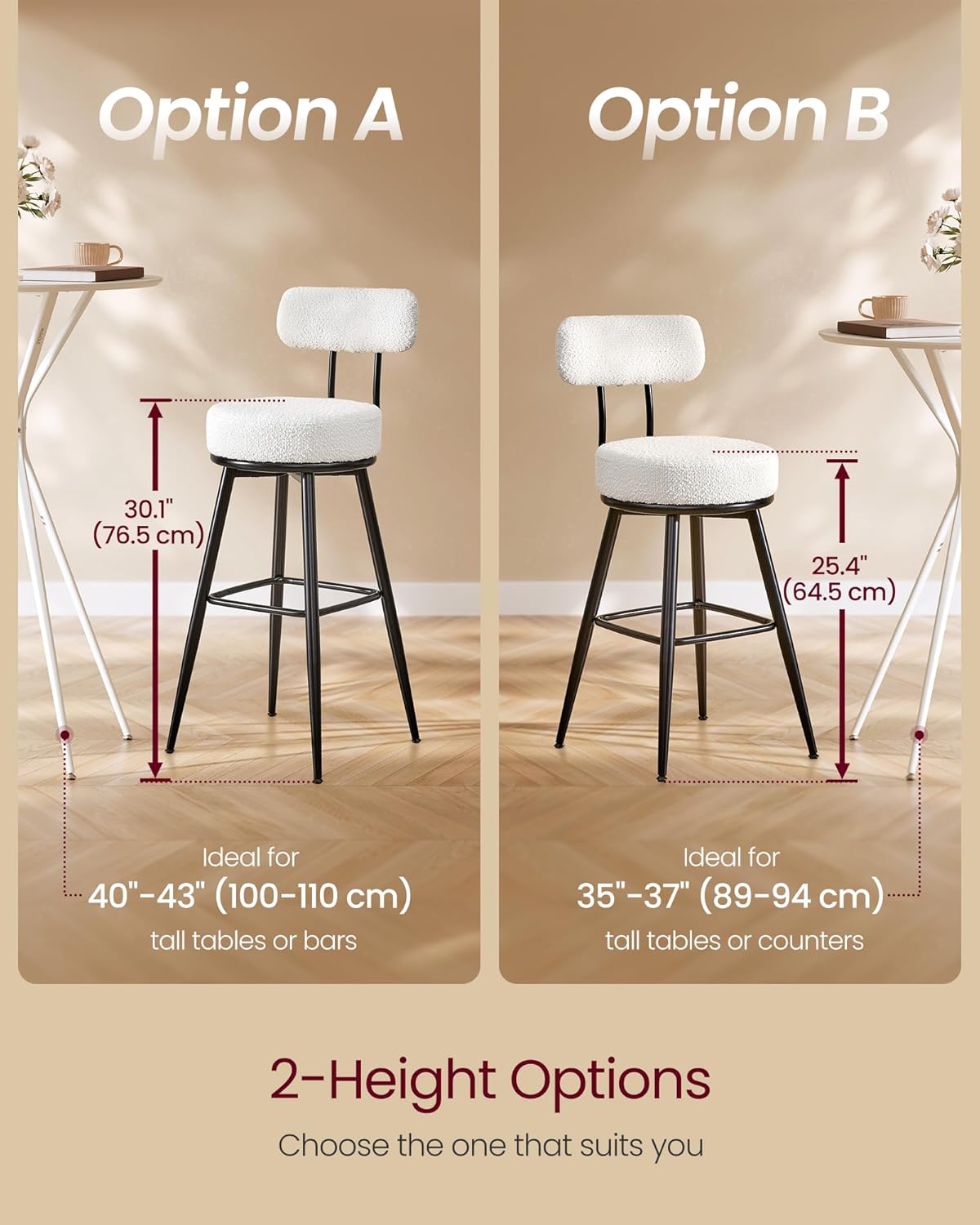 VASAGLE 360° Swivel Bar Stools Set of 2, Bar Height Bar Stools with Back, Boucle Fabric, Contemporary Modern, 30.1 Inch Tall, Kitchen and Home Bar, Cloud White ULBC131W01V1