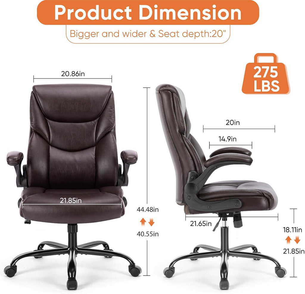 Sweetcrispy Ergonomic Computer Gaming Office Chair Set of 2, Heavy Duty Task Desk Swivel Rolling Chairs with Wheels, Flip-up Arms, Adjustable Height, PU Leather,Dark Brown
