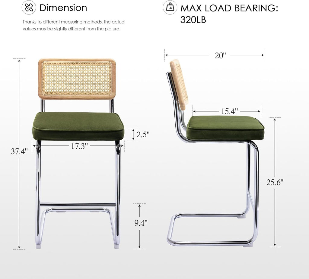 Zesthouse Natural Rattan Bar Stools Set of 2, 26'' Modern Boho Counter Height Barstools with Solid Wood Back, Mid Century Counter Stools with Velvet Cushion, Cane Back Island Chairs for Kitchen, Green