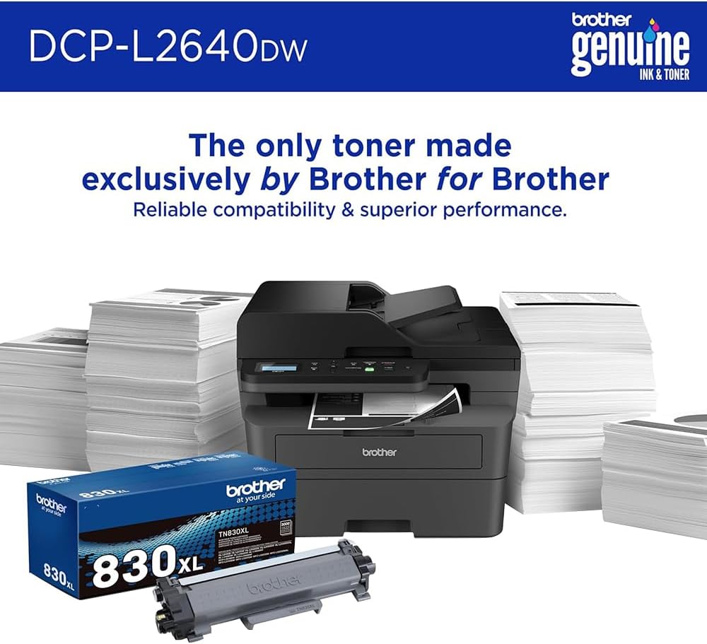 Brother DCPL2640DW Wireless Compact Monochrome Multi-Function Laser Printer Bundle High-Yield Toner, Black Twin Pack (3,000 Pages/Cartridge)
