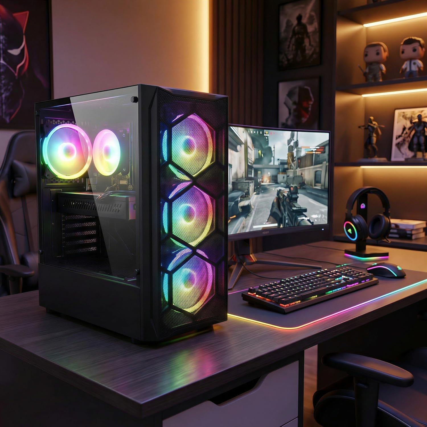 STGAubron Gaming PC Computer Desktop, Intel Core i7 8th Gen up to 4.1G, Radeon RX 580 8G, 16G DDR4, 512G SSD, WiFi 6, BT 5.2, RGB Fan x4, Windows 11 Home