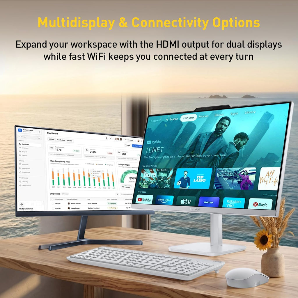 Lenovo 24” FHD A100 All-in-One Desktop Computer for Home Office, 16GB RAM, 512GB Storage, Microsoft Copilot AI, Intel 8-Core CPU, Wireless KB & Mouse, Support Dual Display, Win11, White, w/ 64GB USB
