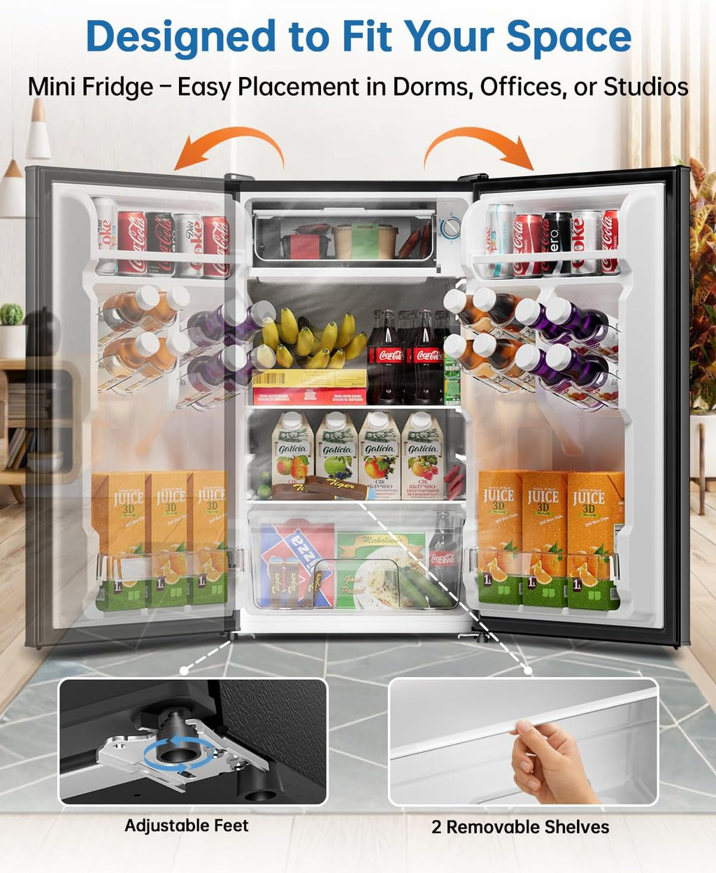 3.2 Cu Ft Mini Fridge with Freezer - Energy Efficient, Large Capacity Single Door Upright Freezer for Bedroom, Office & Dorm | Small Fridge, Reversible Door, ETL Certified(Black)