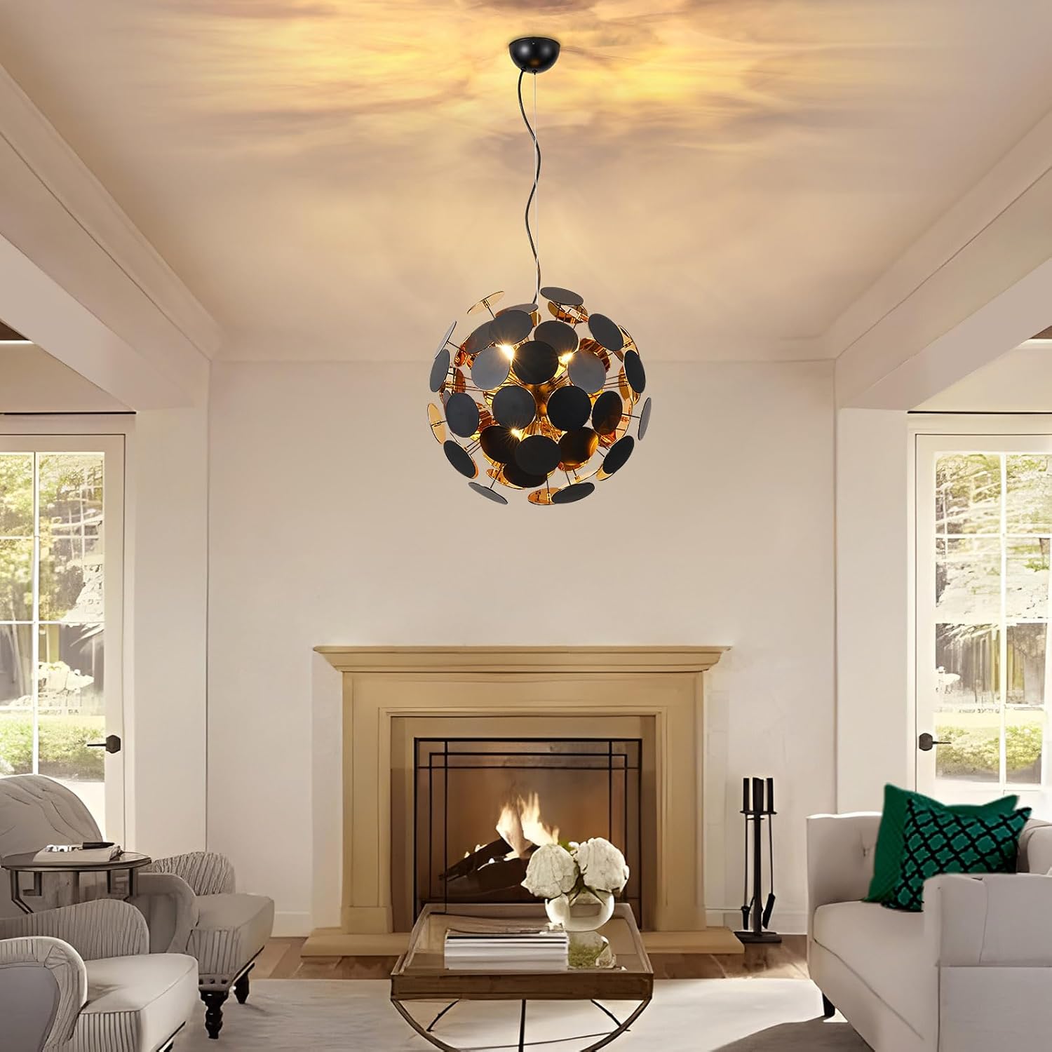 Art-Decor Modern Dandelion Chandeliers, Sputnik Firework Chandelier Light Fixture Pendant Lighting for Living Room Dining Room Bedroom Kitchen Shop, 6 Lights E12 Base, Black + Gold, ￠20”